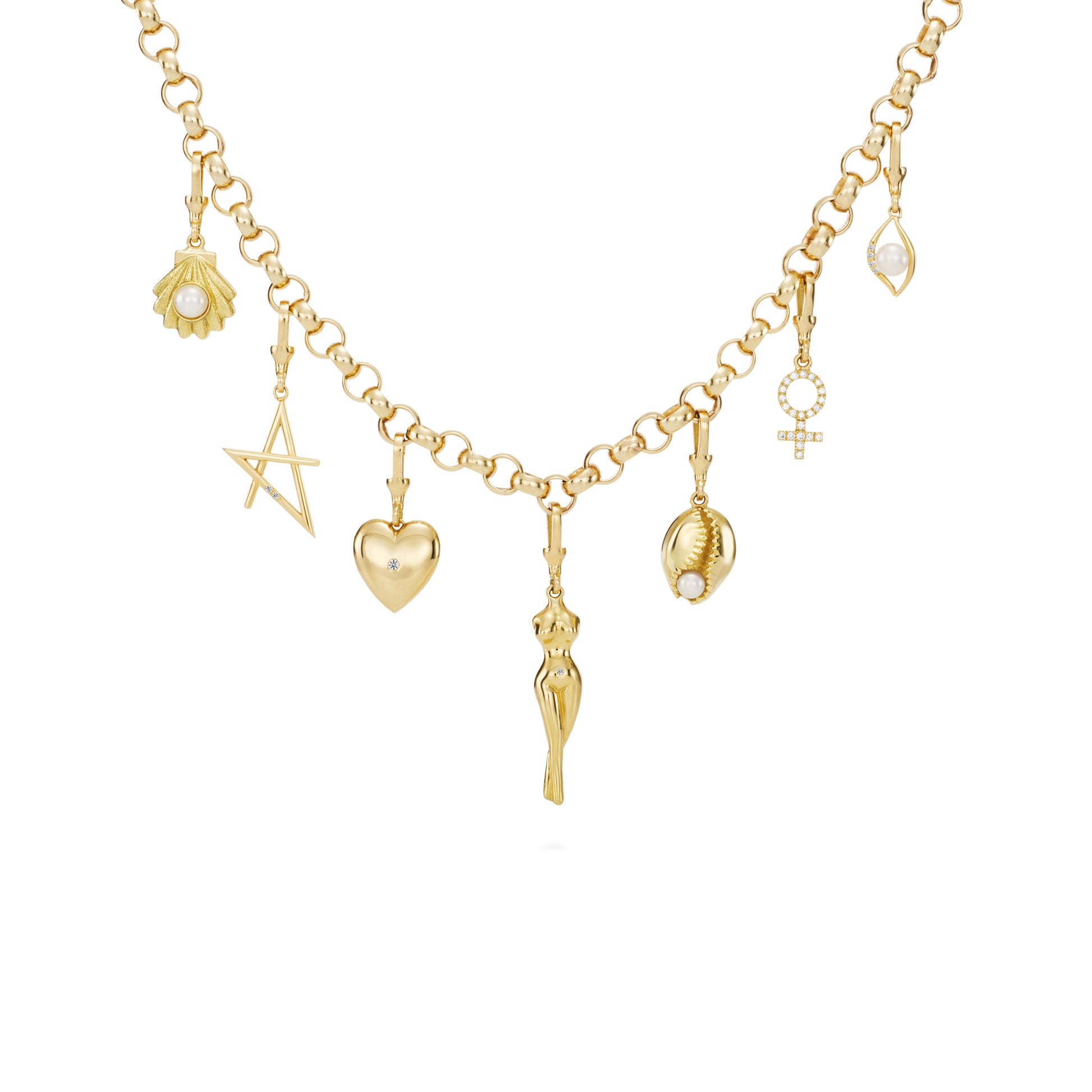 18K Gold Charm Diamond & Pearls Necklace
